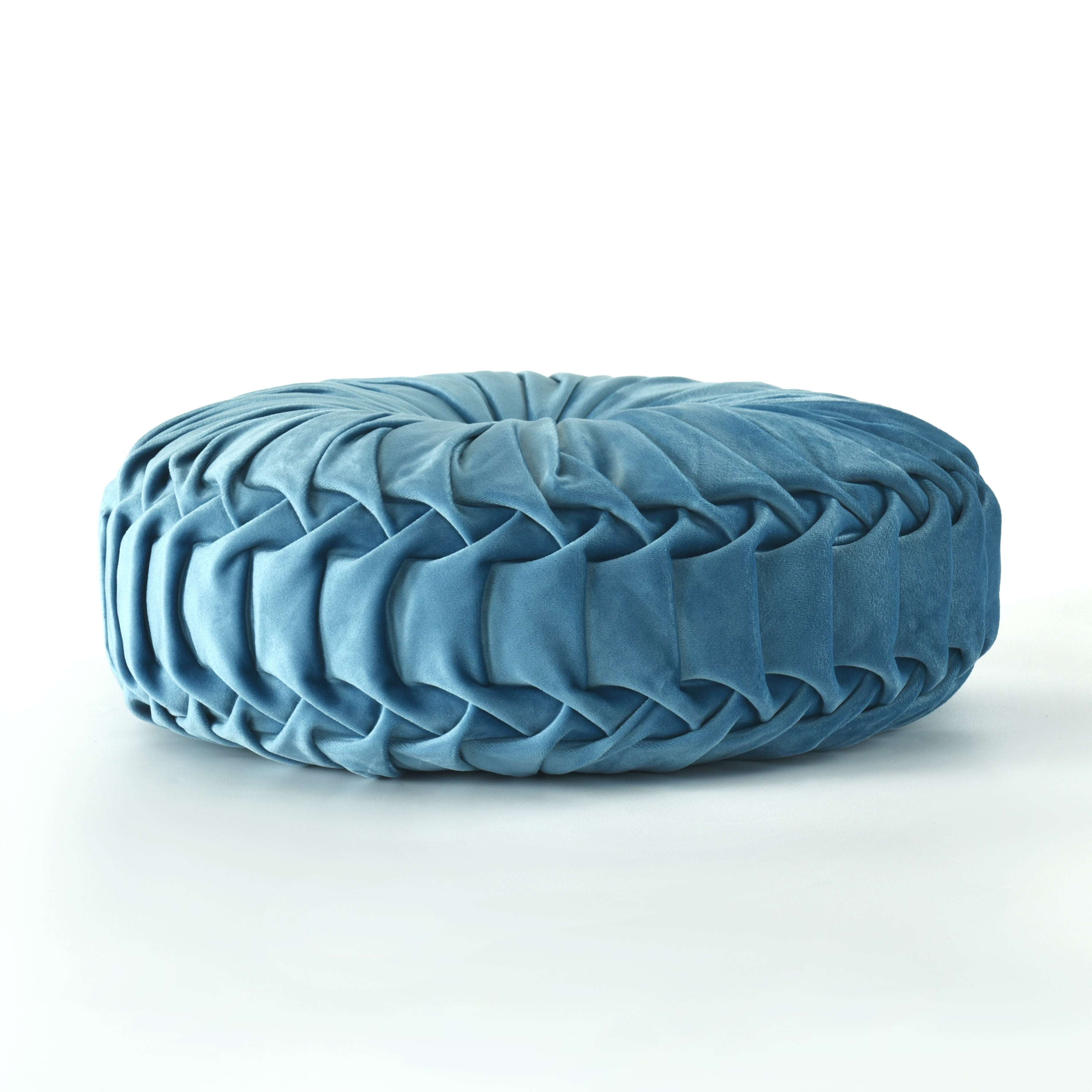 HIG Set of 2 Pumpkin Pleated Round Throw Pillows, Soft Velvet, Dusty Blue, 14.5" Diameter