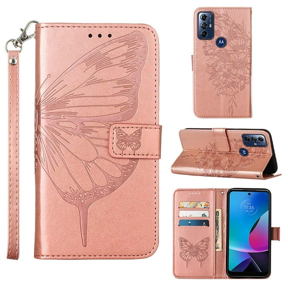 Feishell for Motorola Moto G Play (2023) 6.5 inch Flip Wallet Case with Wrist Strap,Butterfly & Flower Embossed Pattern PU Leather Magnetic Buckle Folio Credit Card Slots Kickstand Phone Case,Rosegold