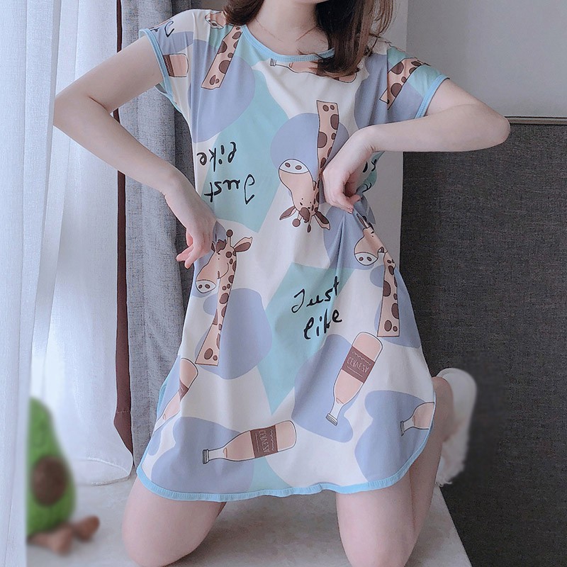 Wisremt Women Summer Cute Cartoon Short Sleeve Milk Silk One Piece Nightdress Walmart Com Walmart Com