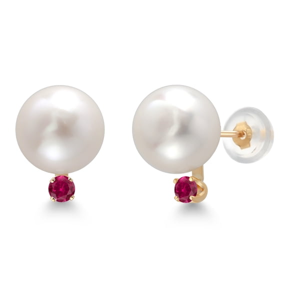 Gem Stone King 14K Yellow Gold Cultured Freshwater Pearls and Red Created Ruby Stud Earrings for Women (Pearl: 6.5MM, Ruby: 0.12 Cttw, Round 2.5MM)