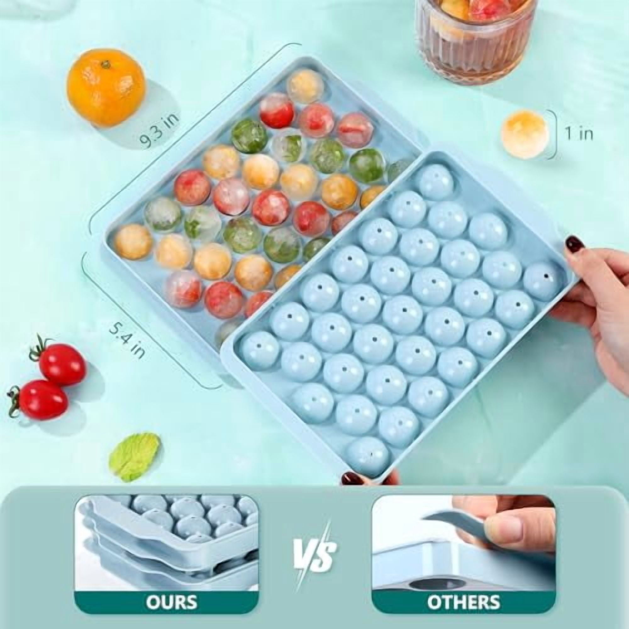 3 Pack Ice Cube Trays with Lid and Bin, 99-Cavity Round Ice Cube Mold for Freezer, Ices Maker Bucket with Scoop for Cocktail, Coffee, RV Accessories, Easy Release, 1 Inch, Blue