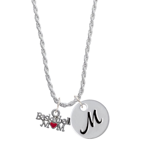 Delight Jewelry Silvertone Basketball Mom with Red Heart Silvertone Script Initial Disc - M - Charm Necklace, 20"+3"