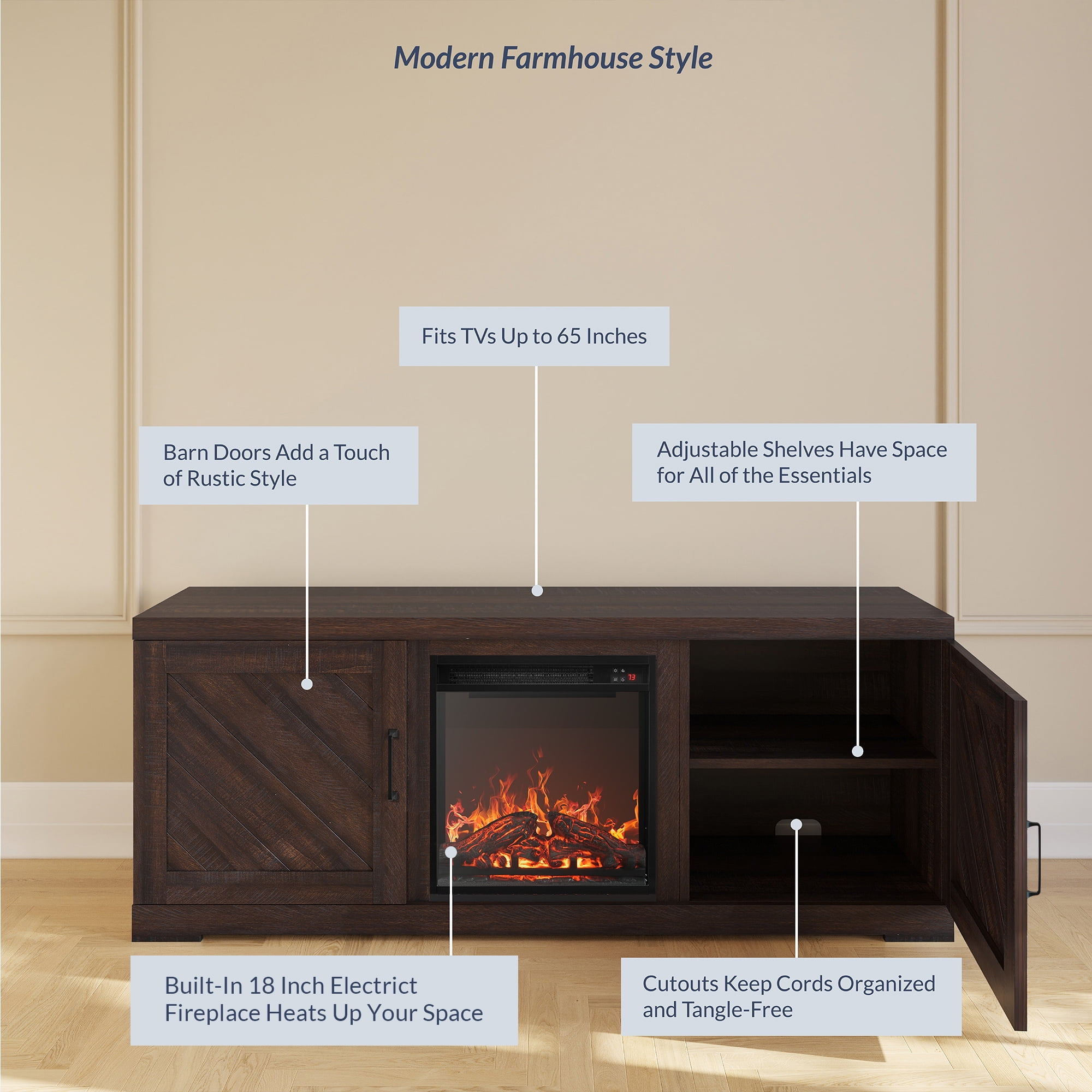 BELLEZE 58" Farmhouse TV Stand Media Entertainment Center For TVs up to 65" with 18" Fireplace - Hilo (Espresso)