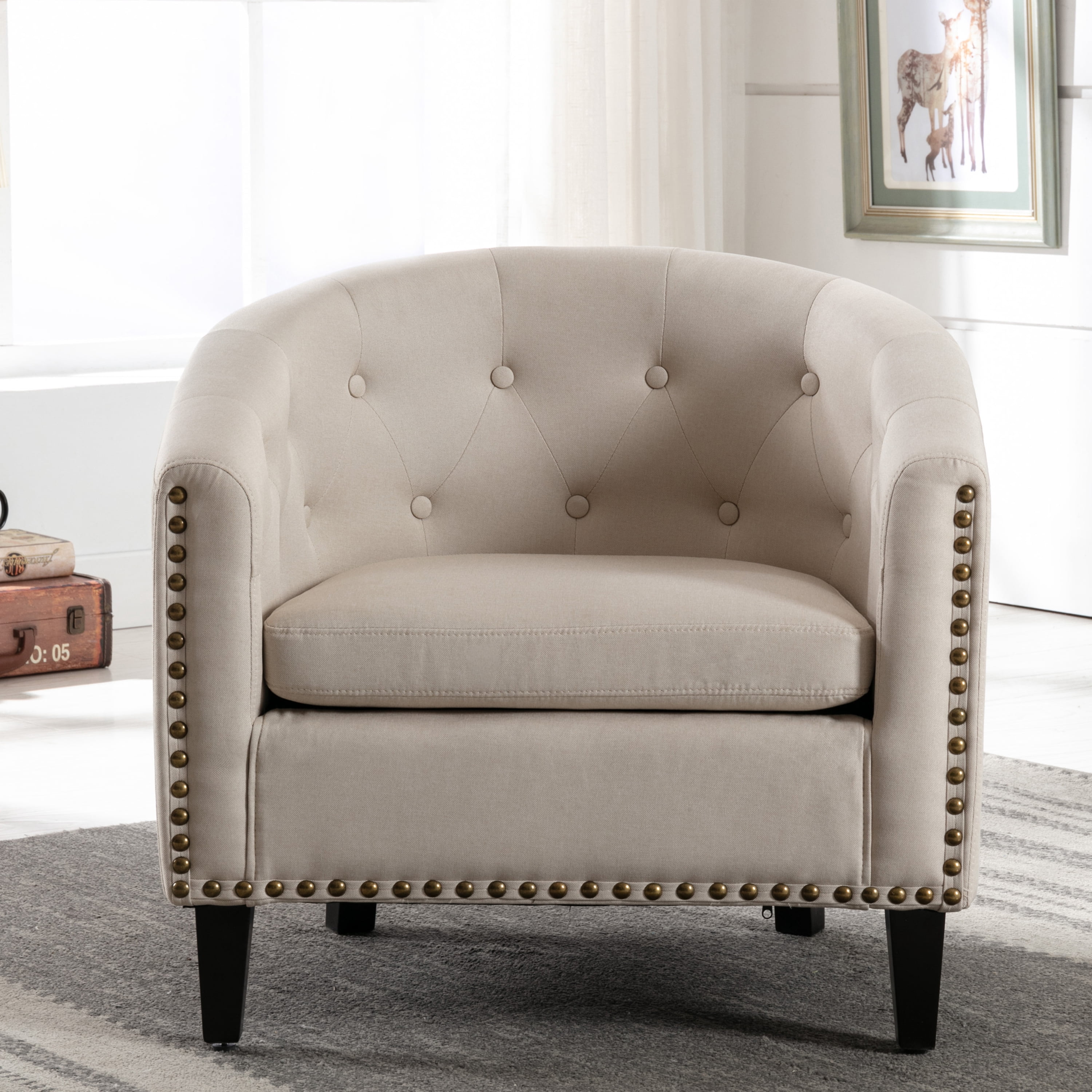 DEALTOPS PU Leather Tufted Barrel Chair for Living Room Bedroom-Beige