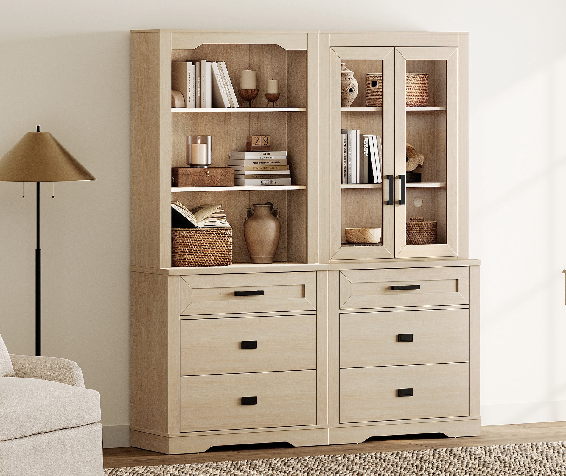 WAMPAT 2 Column 3 Tier Bookcase with Drawer,73.3" Tall Floor Standing Bookshelf,Modern Farmhouse Display Storage Cabinet with Adjustable Shelves for Living Room,Beige Oak