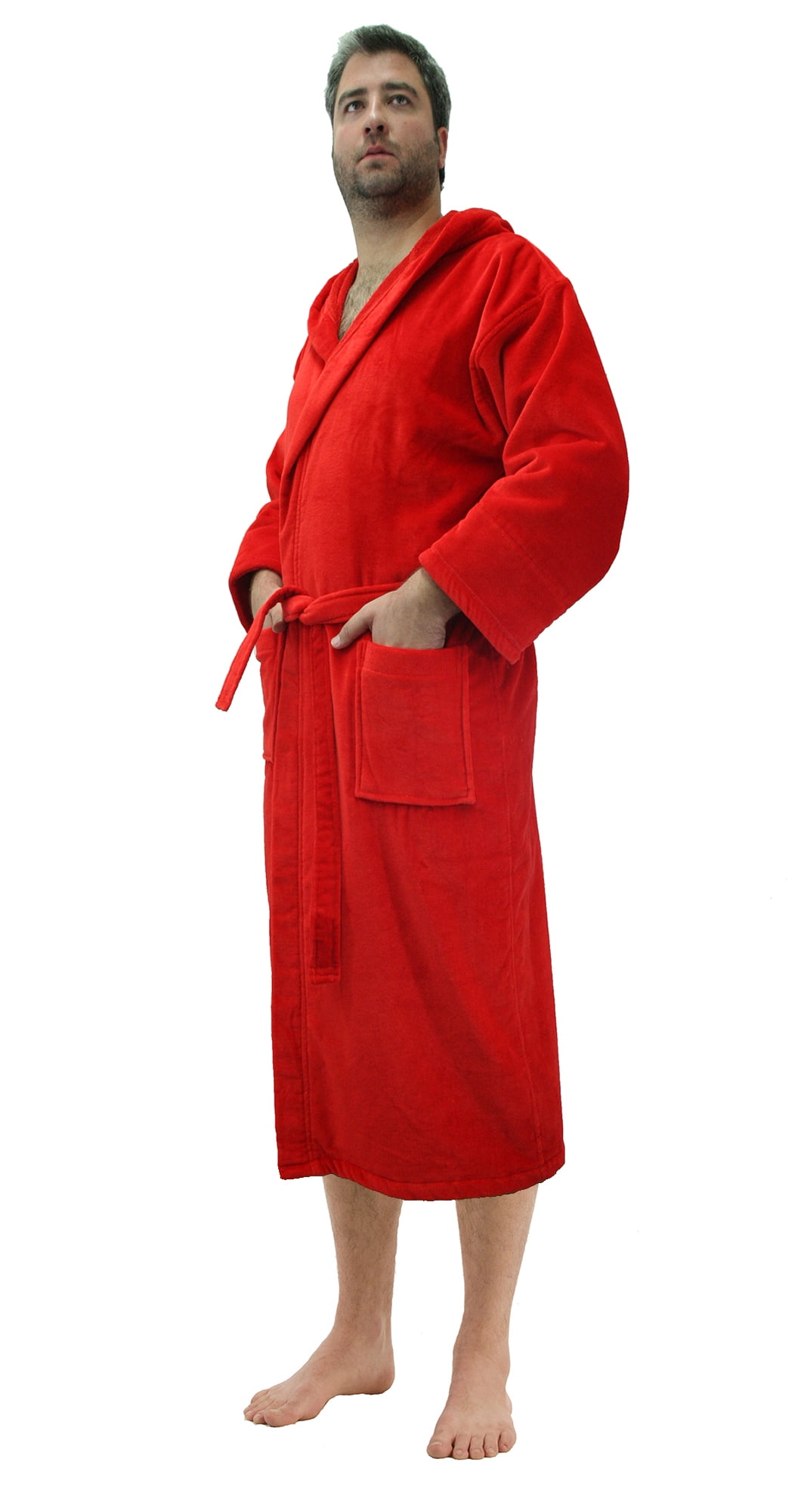 Hooded Adult Robe For Men Women, Terry Cotton Bathrobe, RED, ONE SIZE