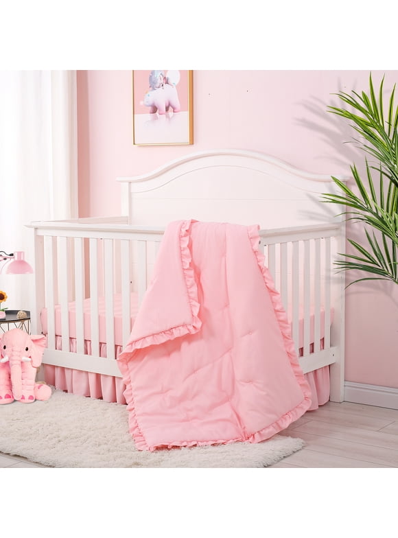 JISEN 3 Pieces Crib Bedding Set - Pink Standard Size Baby Bedding Set - Quilt, Sheet, Crib Skirt