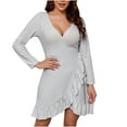 thumbnail image 2 of Wowcloth Womens Sexy Deep V Neck Long Sleeve Irregular Tie Waist Ruffle Hem Flowy Swing Mini Short Wrap Dress, 2 of 7
