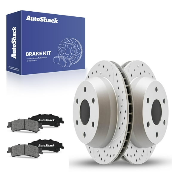 AutoShack Rear Drilled & Slotted Brake Rotors Ceramic Brake Pads | Replacement for Chevrolet Silverado 1500 Suburban 1500 2002-2003 GMC Sierra 1500 | Silver Coated | 6-PC Brake Kit | TurboGuard