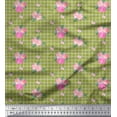 thumbnail image 1 of Soimoi Green polyester Crepe Fabric Pink Flower & Check Print Sewing Fabric BTY 52 Inch Wide, 1 of 5