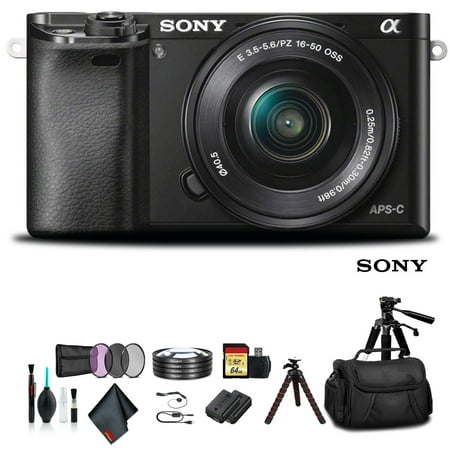 Sony Alpha a6000 Mirrorless Camera with 16-50mm Lens Black With Soft Bag, Additional Battery, 64GB Memory Card, Card Reader , Plus Essential Accessories