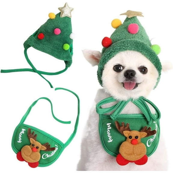 Adorable Christmas Tree Pom-Pom Hat, Reindeer Bib for Small and Medium Dogs – Adjustable Holiday Pet Outfit, Soft and Comfortable Festive Xmas Costume for Family Gatherings(Green-S)