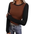 thumbnail image 2 of Yourumao Womens Colour Block Shirts Ribbed Knit Long Sleeve Tops Fitted Round Neck Shirts Stretch Comfy Blouses Spring Trendy T-shirts, 2 of 7