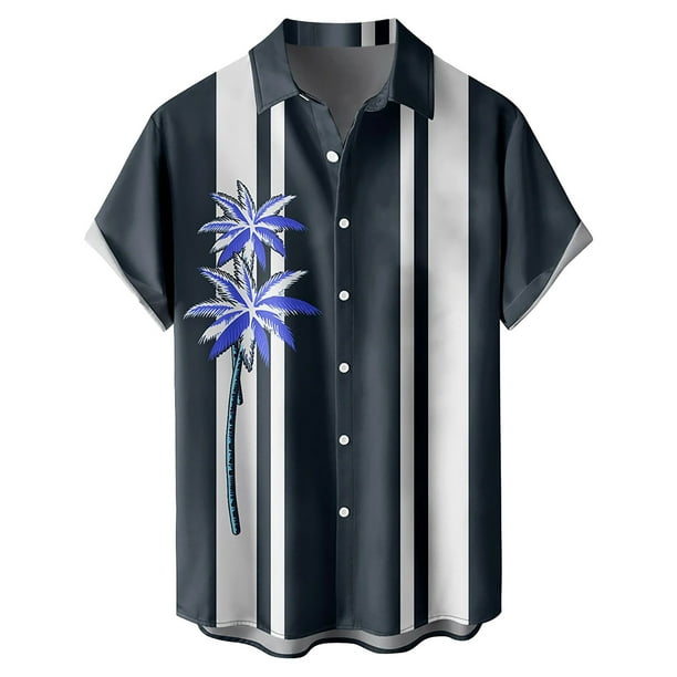 Camisas Para Hombre Manga Larga Casual Hombres Solapa Estampado Manga Corta Puños Botón Puerto Estilo Floral Camisa Sand Beach Hawaiianss Summer Top (Navy, XXL)