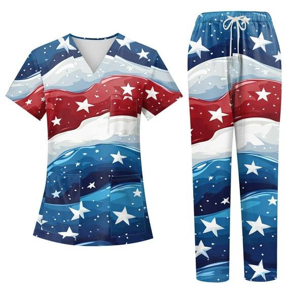 4Th of July Scrub Sets Women Working Uniform Casual Fashion V-Neck Short Sleeve Scrub Workwear Tee & Pants with Pockets Blue L