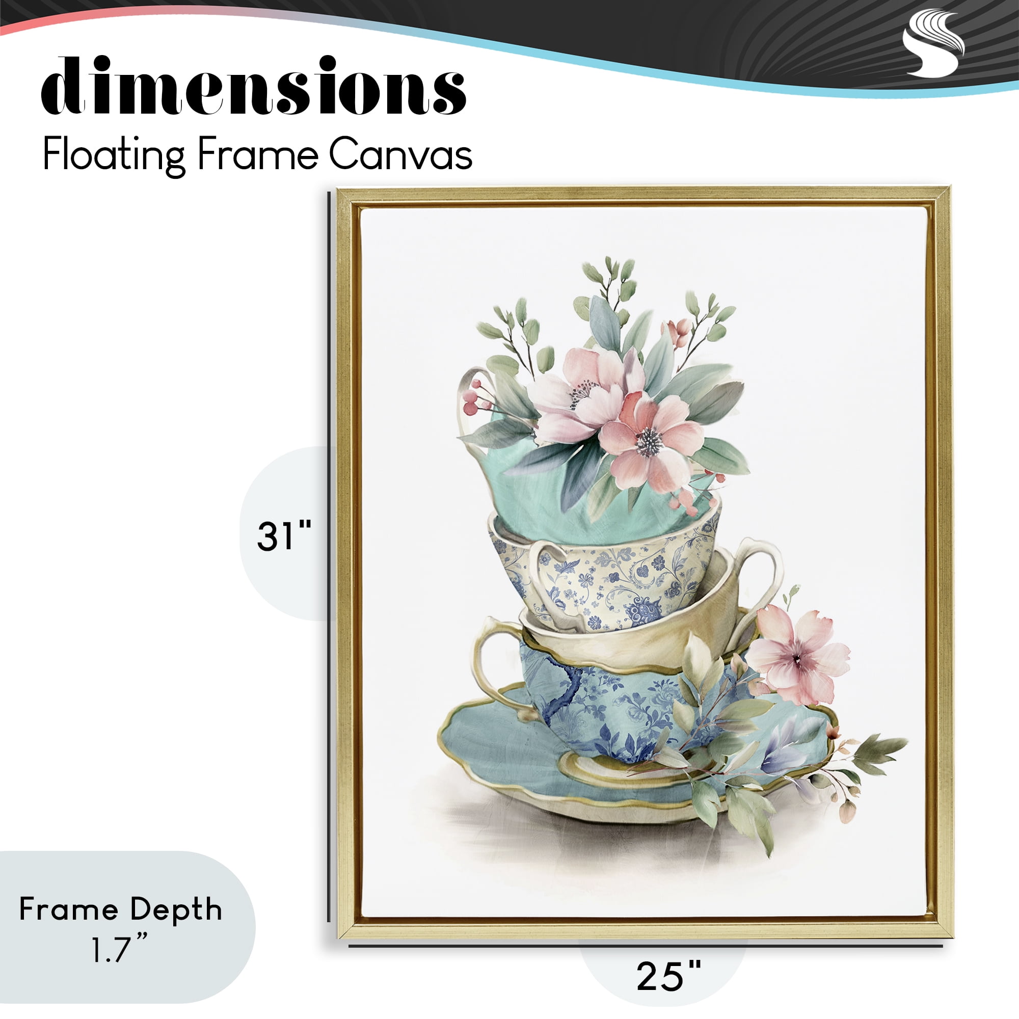 Stupell Industries Tea Cup Chinoiserie Blossoms Gold Framed Floater Canvas Wall Art, design by Kim Allen