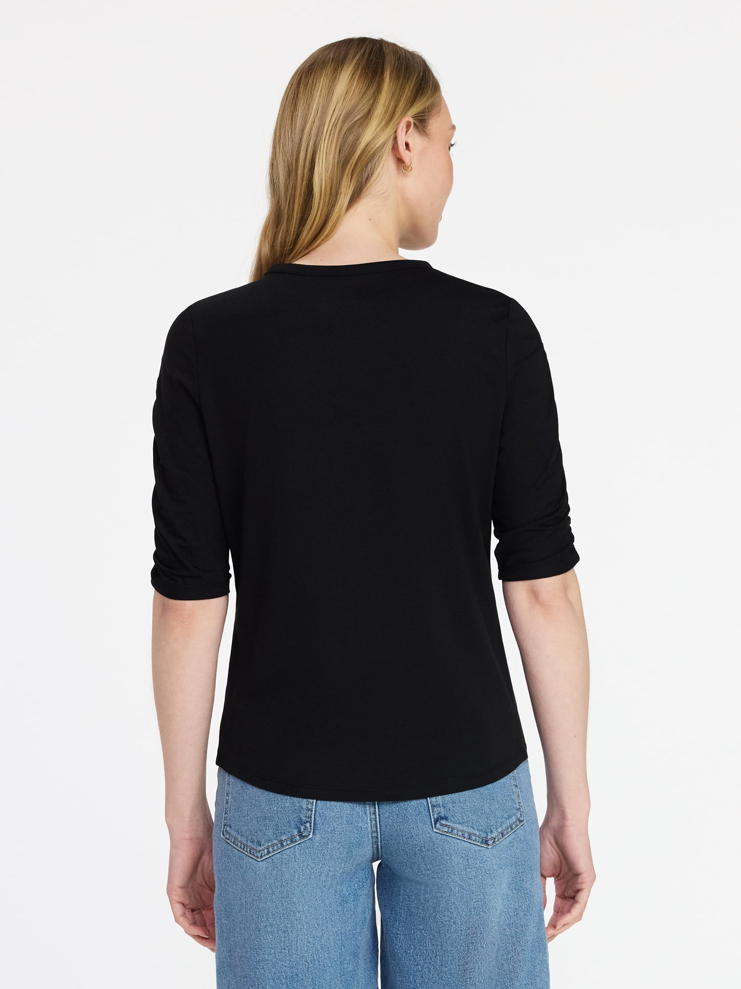 Time and Tru Women's Ruched Elbow Sleeve Tee, Sizes XS-XXXL