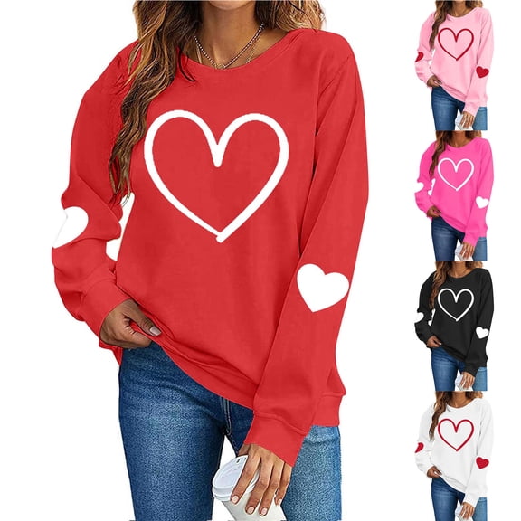 mihongmao Valentine's Day Heart Graphic Crewneck Sweatshirt Women's Round Neck Hearted Printed Long Sleeved Top Sweatshirts Red L