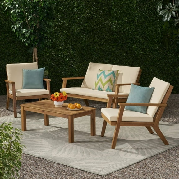 GDF Studio Avacyn Outdoor Acacia Wood 4 Seater Chat Set with Cushions, Brown Patina and Cream