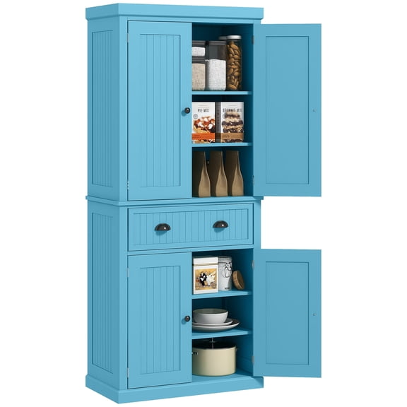 Wooden Sideboards HOMCOM 72" Kitchen Pantry Cabinet, Freestanding Tall Storage Cabinet, Traditional Kitchen Cabinet with 4 Doors, Drawer and 3 Adjustable Shelves for Dining Room, Light Blue,Sideboard