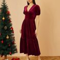 thumbnail image 2 of CharmCyan Women’s Velvet Midi Dress with Puff Short Sleeves V Neck Tiered Skirt and Relaxed Fit for Casual or Formal Wear Wine S, 2 of 6