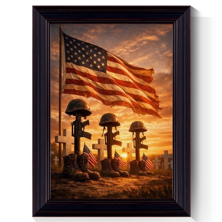 SHIRVA Fallen Soldier Memorial Poster Canvas Print American Sunset Wall Art Military Cross Decor Memorial Day Tribute Gift Unframed Paper Poster 24x36in