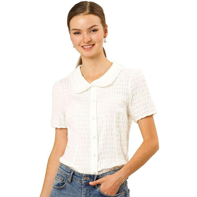 Camisa de Manga Corta Allegra K suave con Botones y cuello Peter Pan Dulce para Mujer blanco XL