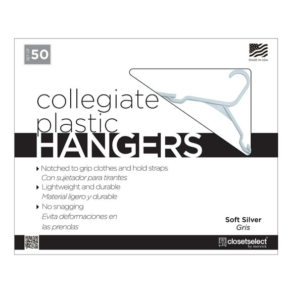 Closetselect Plastic Notched Adult Hangers for Any Clothing Type, Soft Silver 50 Count