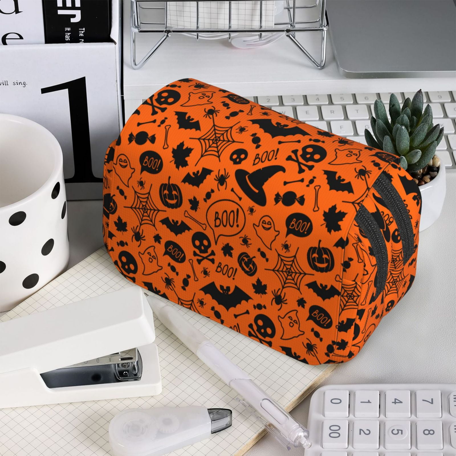 Rateoe Happy Halloween Pattern Double Clamshell Pen Case, Storage Organizer with Two Zipper Compartments– Holds Up to 50 Pencils & Pens