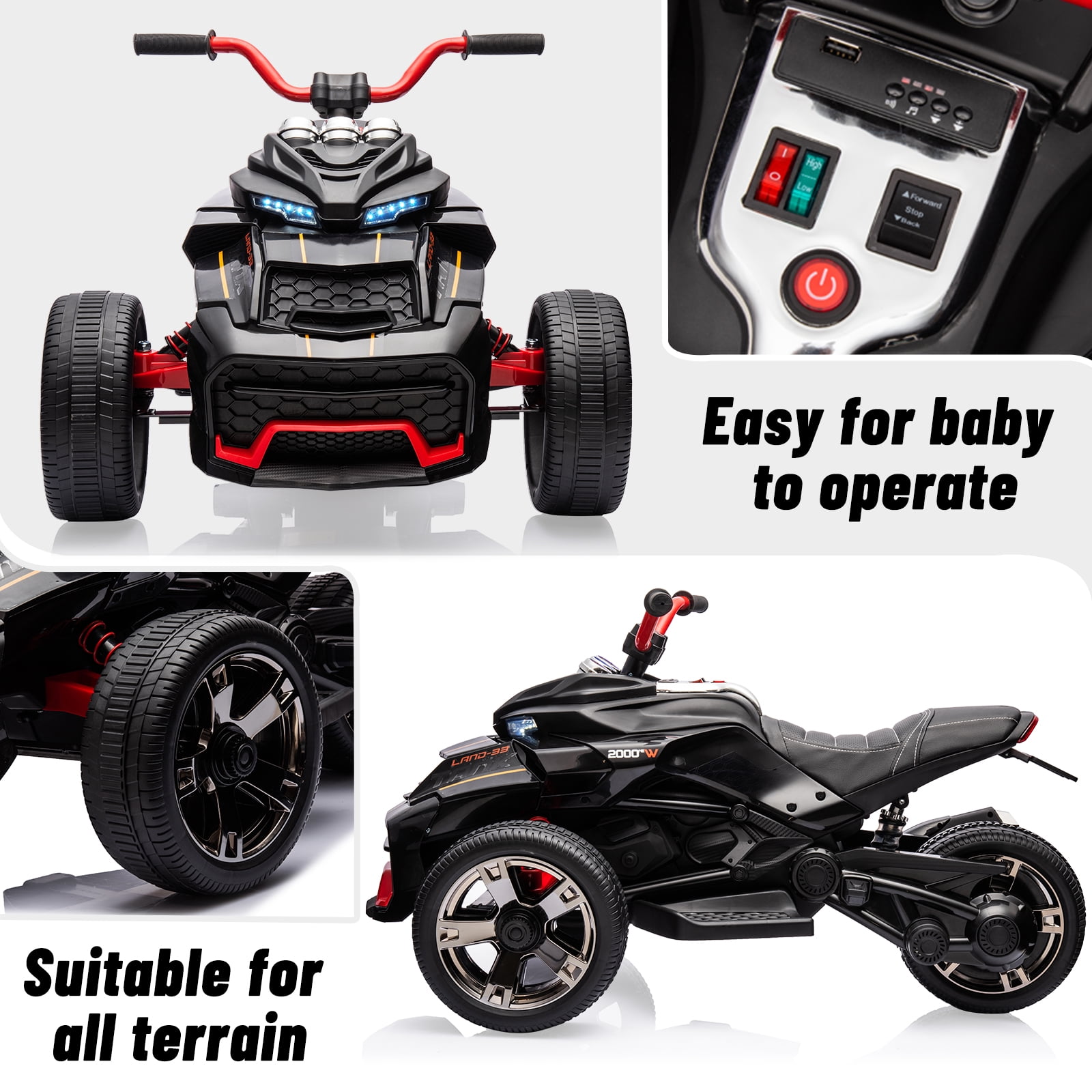 Goldensoil 12V Kids Ride On ATV with Remote, Music/Story Player, LED Lights, High/Low Speed,Black