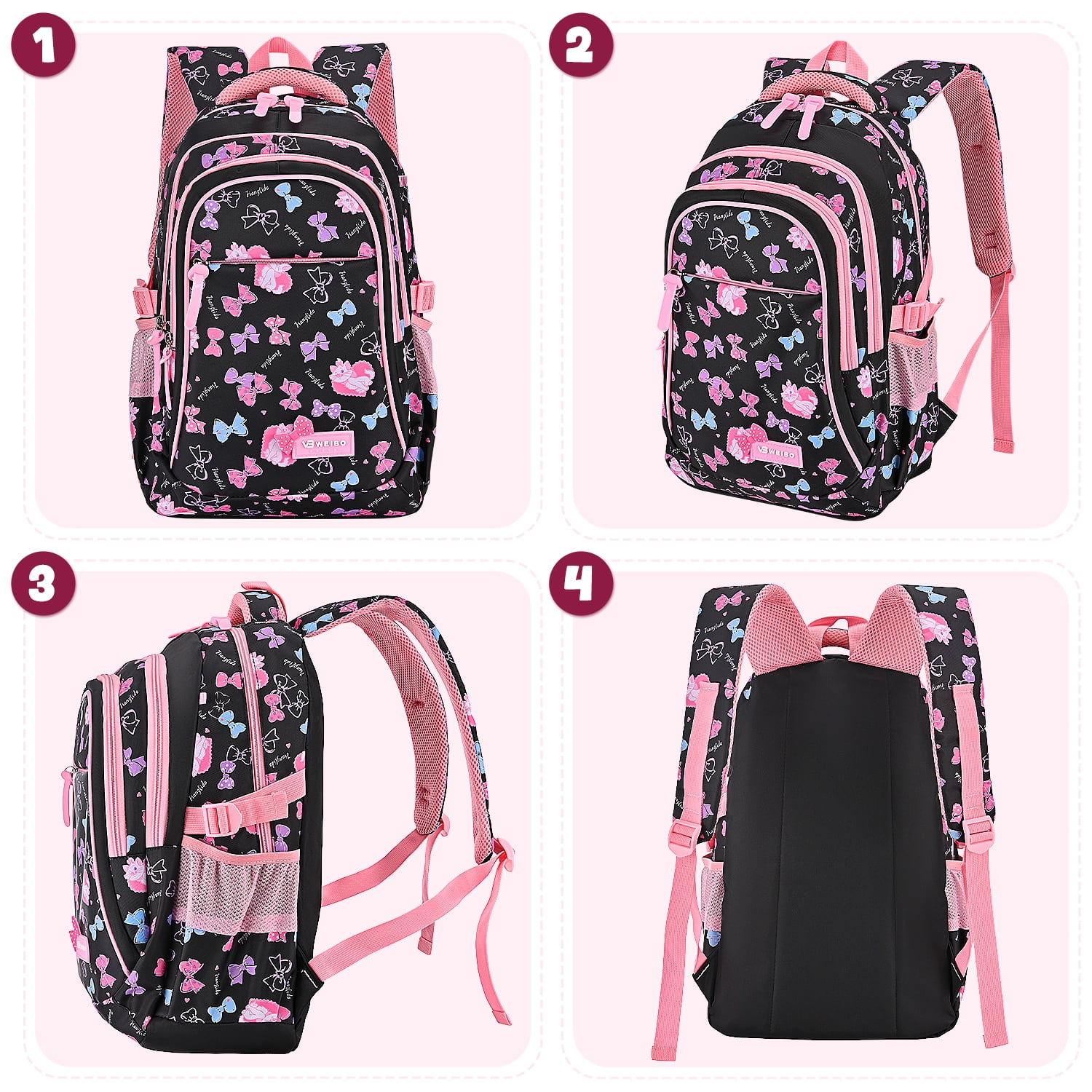 Kids School Backpack Set for Girls, 3 in 1 School Bag with Lunch Bag & Pencil Case for Primary Middle Students - Black