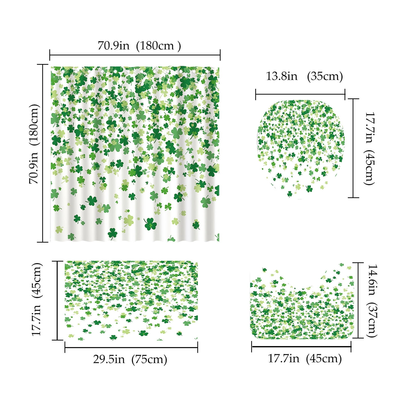 St. Patrick's Day Clover Shower Curtains With Toilet MatSet Of 4 Shamrocks Bath Curtains Set Of 4 With 12 Hooks Polyester Waterproof Bathroom Divider Curtain