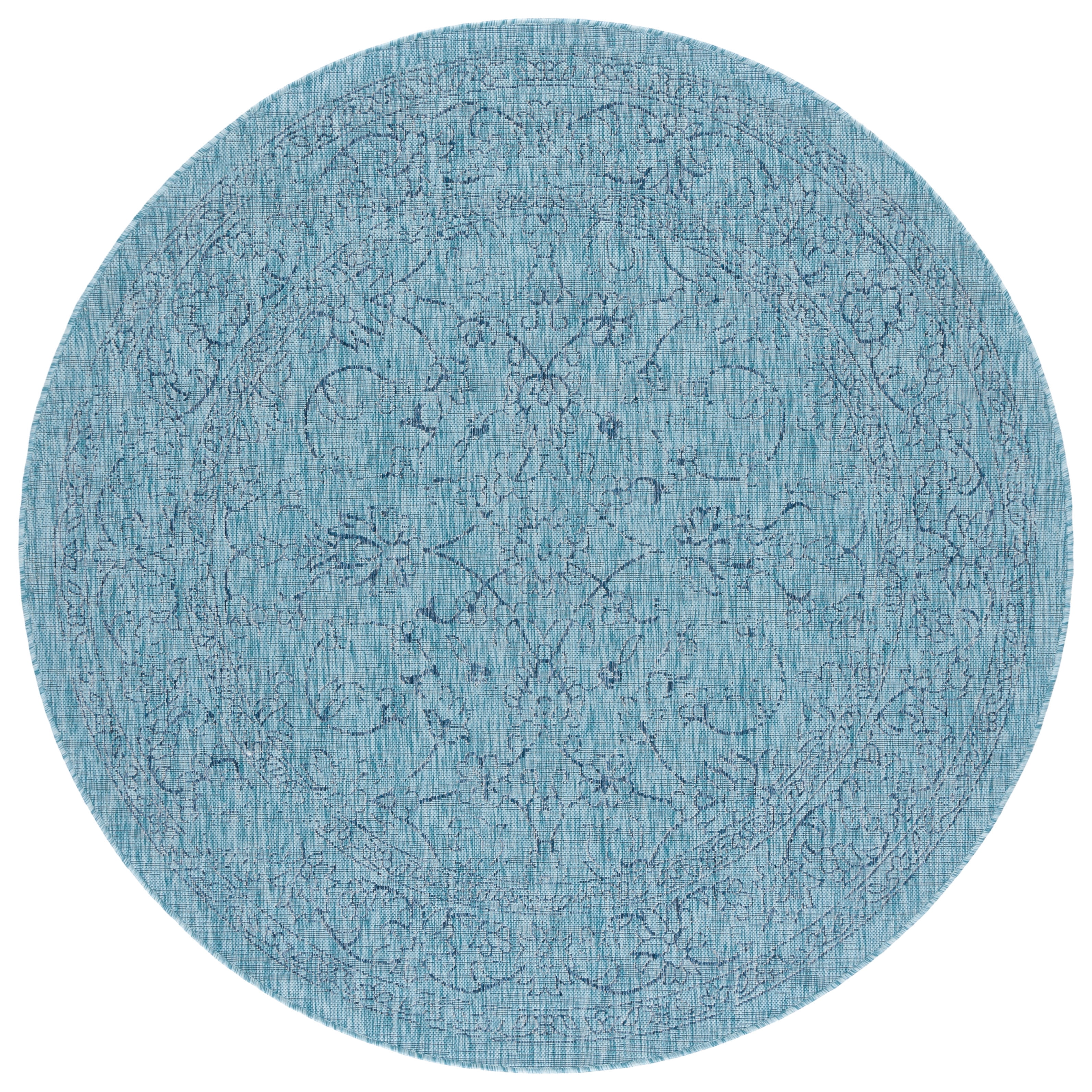 SAFAVIEH Courtyard Darin Botanical Indoor/Outdoor Area Rug, Aqua/Navy, 6'7" x 6'7" Round