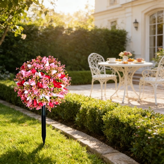 Artificial Rose Tree, Outdoor Decor, Realistic Simulation Flower Ball Tree For Garden And Patio, Plastic Faux Plant With Ground Stake For Landscape Arrangement