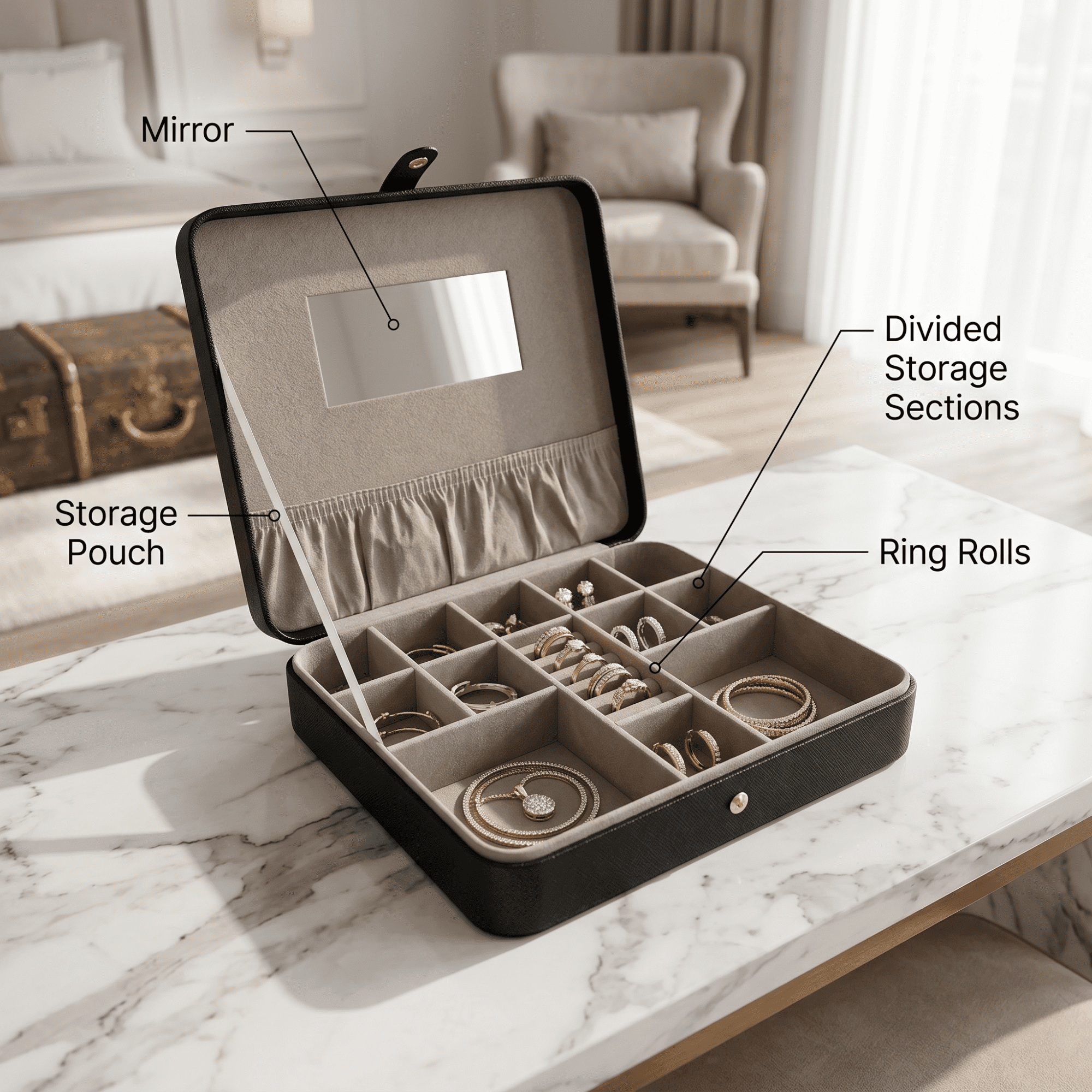 Hives and Honey Opal Large Women Jewelry Organizer Travel Case with Mirror in Black