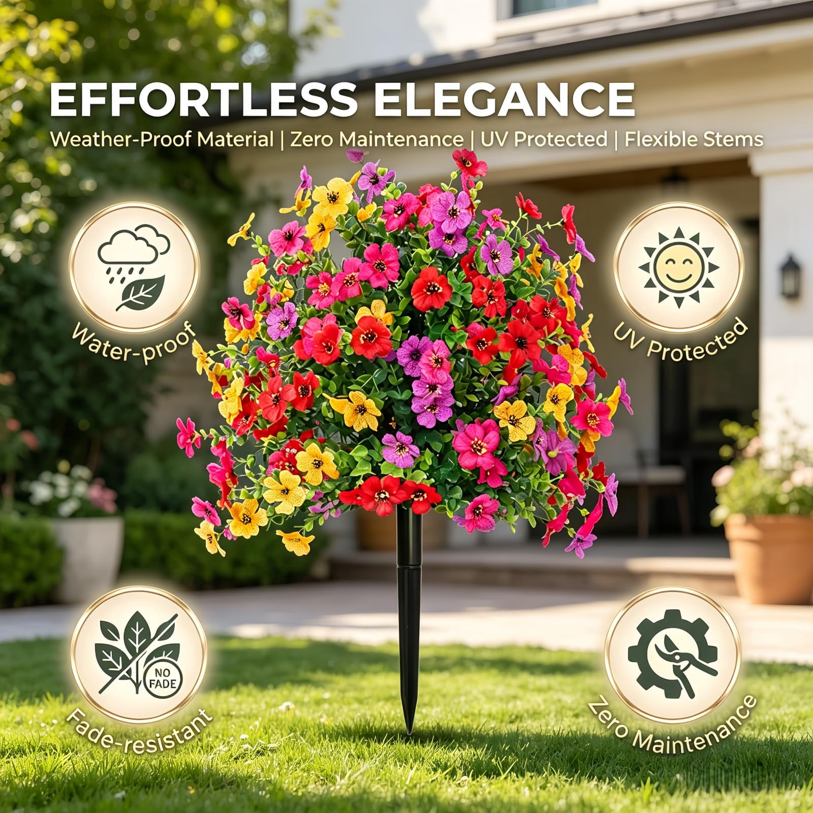UV Resistant Artificial Outdoor Flowers 22 inch lifelike petunia design fade resistant material with stakes for garden yard porch spring summer decor