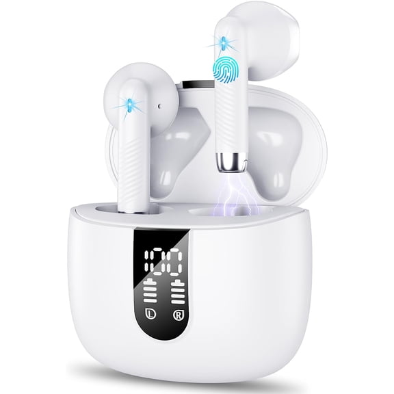 True Wireless Earbuds 5.3 with Touch Control for i-Phone 11 Pro Max , IPX-4 Waterproof, Stereo Sound, Digital Display for Calls & Music - White