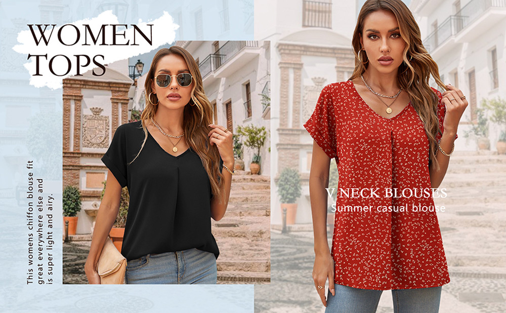 Summer Blouses for Women Elegant Casual V Neck Chiffon Blouses Tops Shirts,Flower Navy Red,S-2XL
