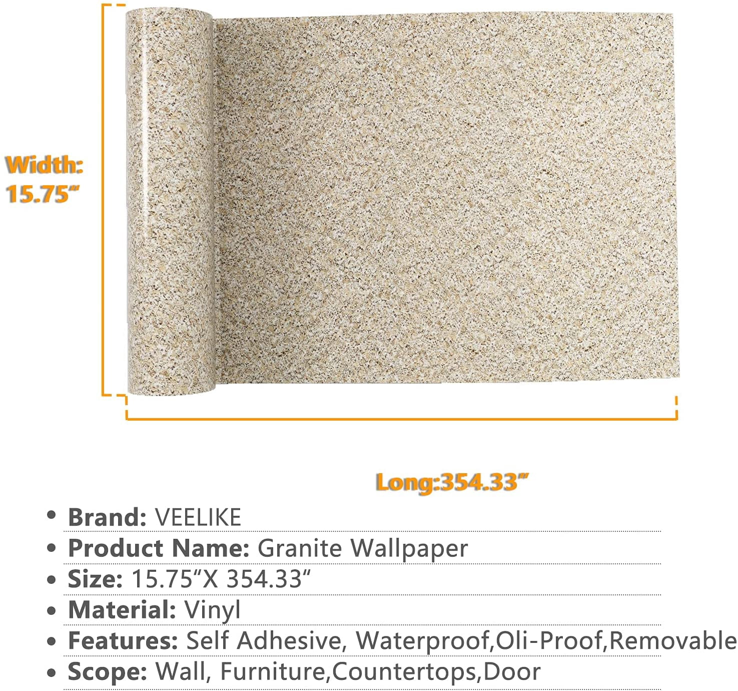 VEELIKE 15.7''x354'' Granite Contact Paper for Countertops Waterproof Beige Granite Stone Wallpaper Peel and Stick Self Adhesive Vinyl Film Removable Wall Paper for Kitchen Counters Counters