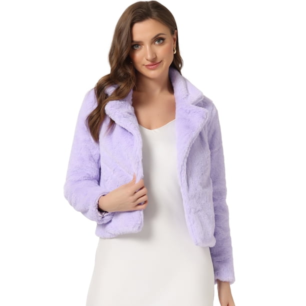 Abrigo mullido de piel sintética con solapa de muesca y chaqueta recortada para mujer Otoño Invierno Púrpura XL