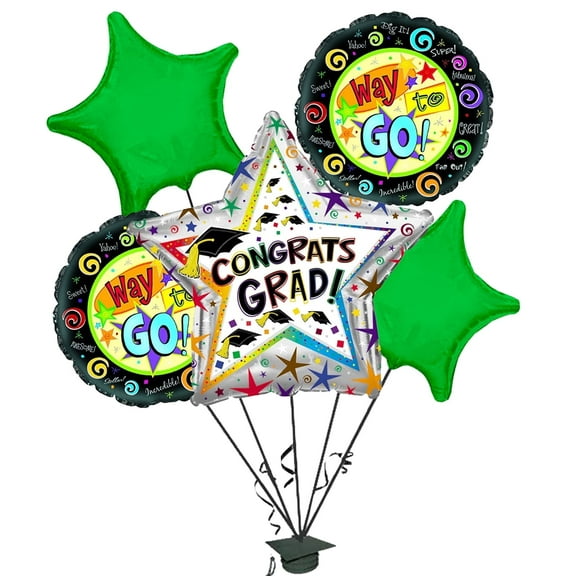 PMU 5-Piece 'Way to Go Grad' Star Balloon Bouquet – Mylar Balloons for Graduation Party Decorations, Congrats Celebration Supplies, Green
