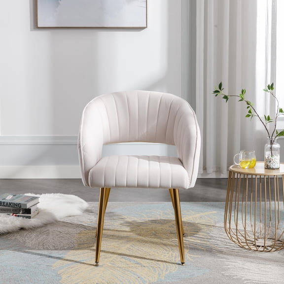 Velvet Dining Chairs with Gold Legs, Modern Upholstered Dining Room Chairs with Hollow Back Side Accent Chairs Arm Chair for Living Room Kitchen, set of 1,Beige