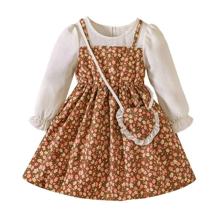 

Baby Girl Clothes Set Autumn Long Sleeve Flowers Prints Dress Messenger Bag Girls Clothing Set 5-6 Years