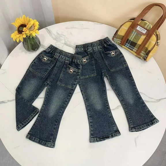 HAOTAGS Leg Denim Jeans For Girls, Straight Casual Fall Pants Loose Rabbit Decoration Navy 2 T