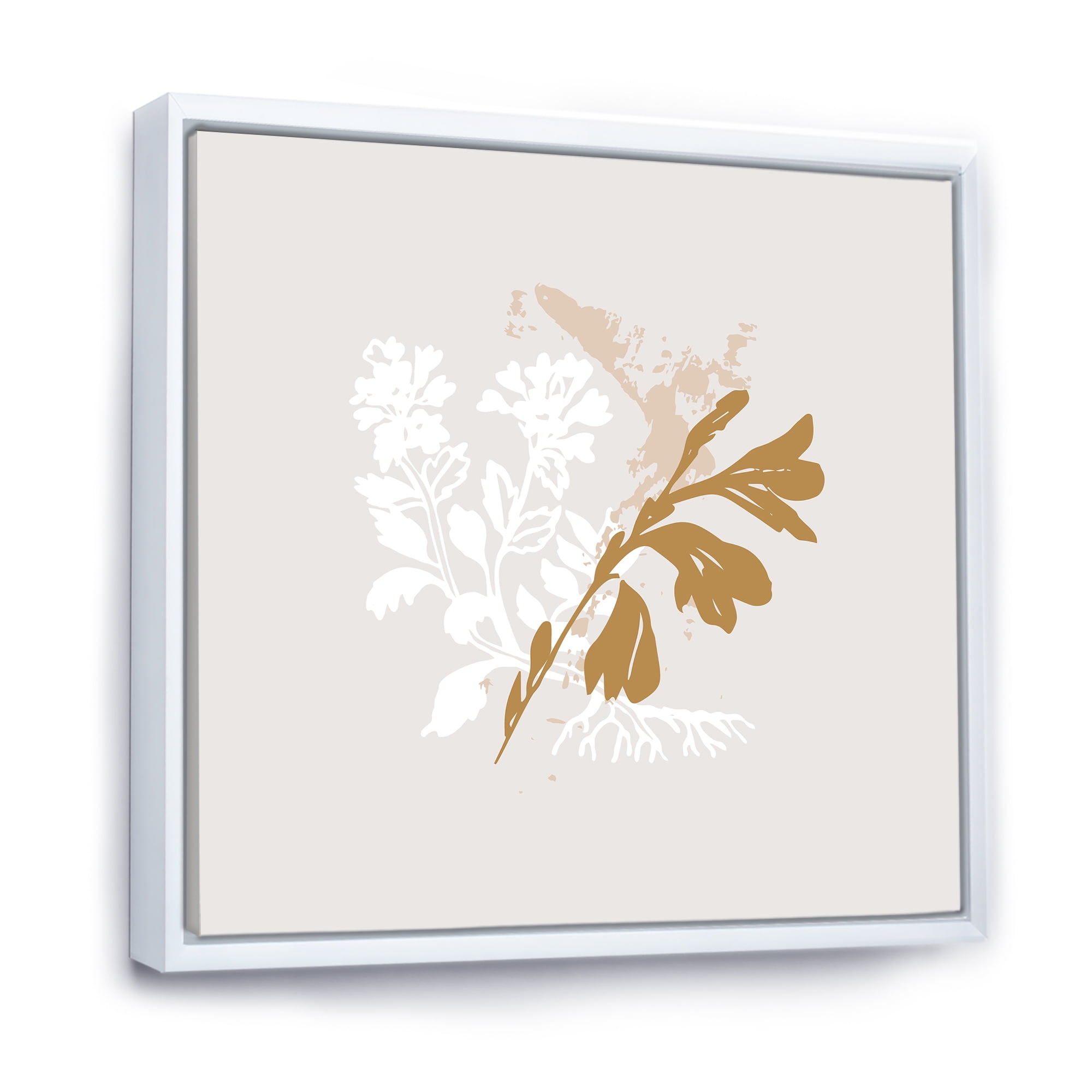 Designart 'Minimal Botanical Design In White and Brown' Traditional Framed Canvas Wall Art Print
