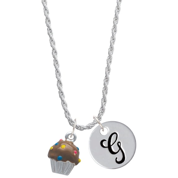 Delight Jewelry Silvertone 3-D Chocolate Cupcake with Sprinkles Silvertone Script Initial Disc - G - Charm Necklace, 20"+3"
