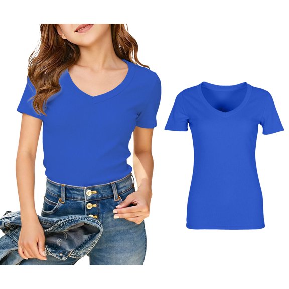 T Shirt for Girls Short Sleeve V Neck Ribbed Knit T Shirts Slim Fit Tops Fashion Tops Tees Summer Tops Girls Clothes Size 7-8 Years