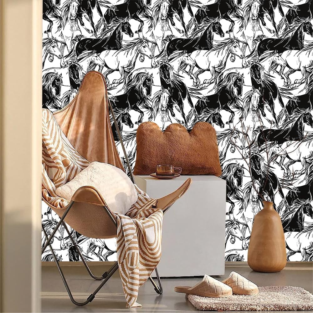 Modern Black and White Horse Animal Abstract Art Peel and Stick Wallpaper Contact Paper Vintage Vinyl Stick on Wall Paper for Bedroom Bathroom Kitchen Cabinet Renter Friendly