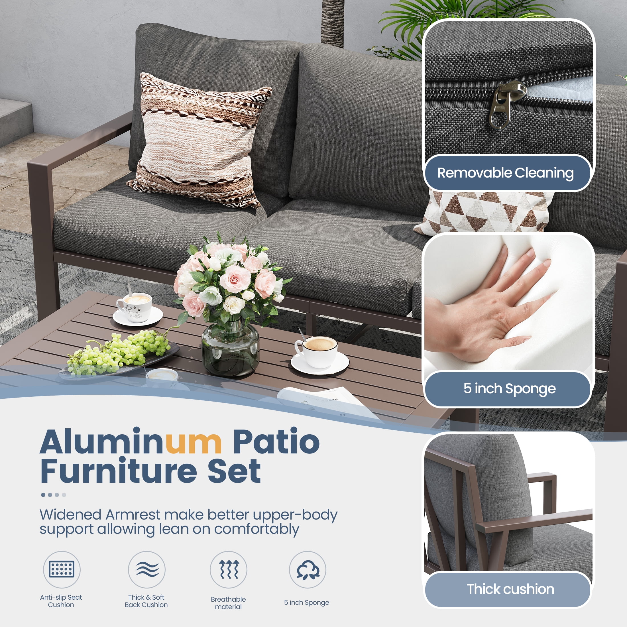 UDPATIO Aluminum Patio Furniture Set, Contemporary Outdoor Couch Set, Aluminum Patio Conversation Set, Gray