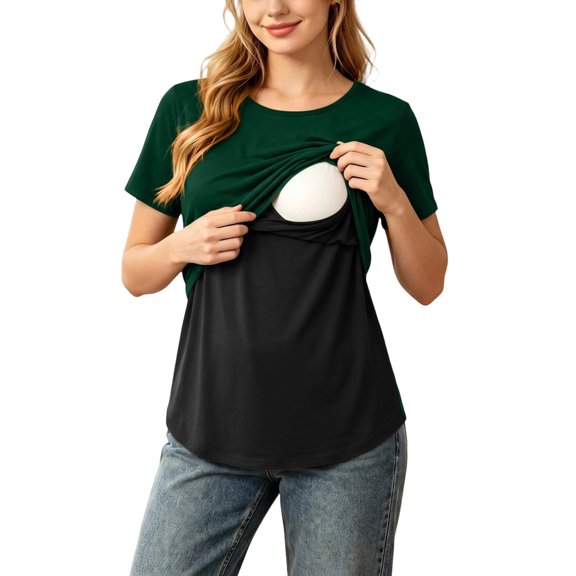 BRGZLK Womens Maternity Nursing Tops Summer 2026 Short Sleeve Color Block Patchwork Breastfeeding Tees Pregnancy Soft Comfortable Shirts Green XL
